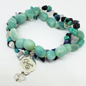 Sterling Silver PEACE Charm and Natural Blue Stones Stretch Bracelet Hippie Boho